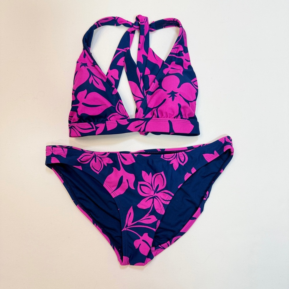 XHILARATION Navy Pink Floral Tropical Halter Bikini Swimsuit Set M/L‎